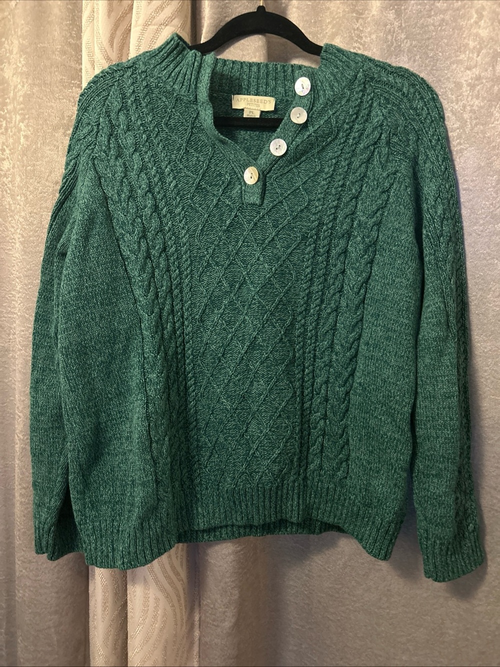 Appleseed's Womens Cable Knit Sweater Green PS Pullover Cottage Fisherman Preppy